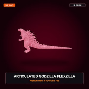May include: A pink articulated Godzilla Flexzilla figure with sharp dorsal fins and a long tail. The image includes the text LCD CRAFT, 3D STL FILE, and ARTICULATED GODZILLA FLEXZILLA PREMIUM PRINT-IN-PLACE STL FILE on a dark background.
