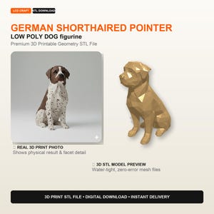 May include: A digital product listing for a German Shorthaired Pointer low poly dog figurine. The image displays a 3D printable geometry STL file, showing a brown and white spotted physical print and a gold-colored 3D model preview mesh.