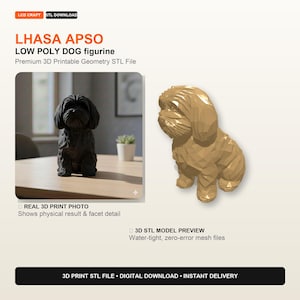 May include: A digital product listing for a Lhasa Apso low poly dog figurine 3D printable geometry STL file. The image displays a black physical print and a gold-colored 3D model preview, showcasing the geometric facet detail of the design.