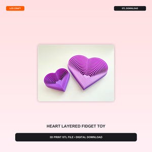 May include: Two purple heart-shaped layered fidget toys, each consisting of multiple nested heart rings. The text LCD CRAFT, STL DOWNLOAD, HEART LAYERED FIDGET TOY, and 3D PRINT STL FILE • DIGITAL DOWNLOAD are visible on the page.