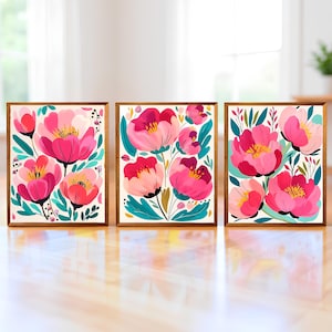Peony Flower Wall Art Set of 3 Pink Floral Botanical Prints Modern Peony Posters for Bedroom Living Room Wall Decor Colorful Flower Artwork