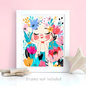 Whimsical Girl Flower Wall Art Print Colorful Floral Poster Cute Feminine Illustration Modern Boho Nursery Decor Kids Room or Bedroom Prints