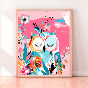 Nursery Owl Wall Art Print Cute Colorful Animal Poster Kids Room Decor Baby Girl Bedroom Woodland Theme Whimsical Modern Illustration