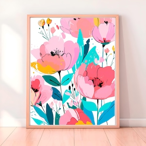 Floral Wall Art Print Colorful Modern Botanical Poster Bright Flower Illustration for Living Room Bedroom Decor Cute Whimsical Artwork