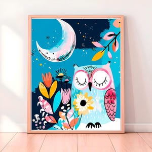 Whimsical Owl Art Print Nursery Wall Decor Kids Room Poster Boho Animal Illustration Moon and Stars Colorful Bedroom Cute Night Wall Art