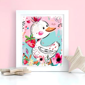 Silly Goose Art Print Funny Nursery Wall Decor Cute Farm Animal Poster for Kids Room Baby Girl Playroom Illustration Pink Blue Art