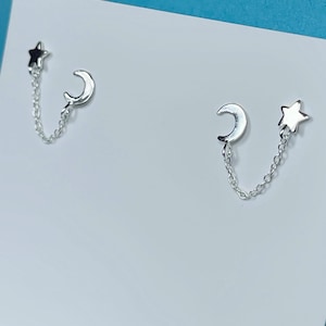 Moon & Star Dangle Chain Earrings Pair, Celestial Double Piercing Stud Earrings, Sterling Silver Chain earrings set, Christmas Gift,