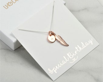 Rose Gold Feather Necklace, Sterling Silver Initial Disc, Personalized Jewelry