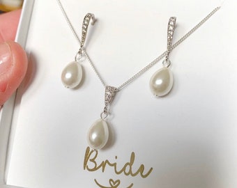 Pearl Drop earrings and necklace, Ivory / White Pearl, Teardrop Pearl earrings, Pearl Bridal Set, Wedding Jewellery, Gold / Silver necklace