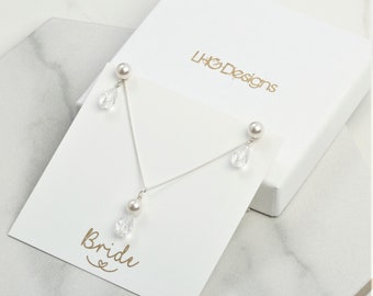 Sterling Silver Bridal Jewelry Set, Pearl & Crystal Teardrop Necklace Earrings