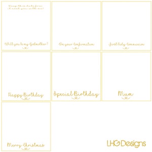 May include: A printable card template with a gold border and text. The card is divided into six sections, each with a different occasion: Keep this date free, Will you be my Godmother?, On your confirmation, First Holy Communion, Happy Birthday, Special Birthday, Mum, Merry Christmas. The text "LHO Designs" is at the bottom of the card.