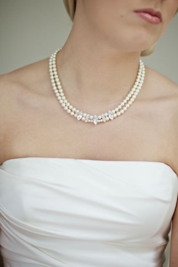 Double strand pearl necklace classic rhinestone vintage | Etsy