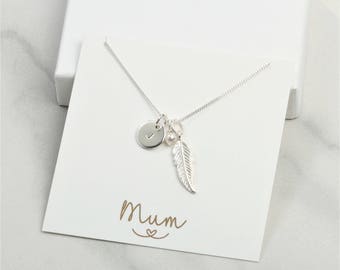 Personalized Silver Feather Necklace, Sterling Silver, Boho Memorial Jewelry
