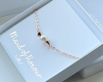 Dainty Rose Gold Pearl Bracelet, Swarovski Crystal Bridesmaid Gift