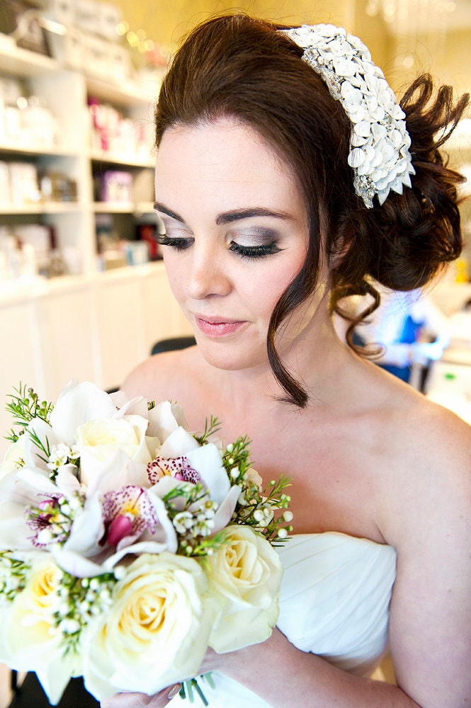 Silver Side Flower Embellished Rhinestone Bridal Headband Glam Wedding Silver Floral Headband for Brides - Bridal Hair Accessory  main image 3