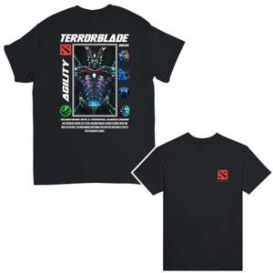 May include: Black t-shirt with a white graphic of a character from the video game Dota 2. The graphic includes the character's name "Terrorblade" and the text "Agility Melee". The character is a demon with blue and green accents. The t-shirt also has a small Dota 2 logo on the bottom right.