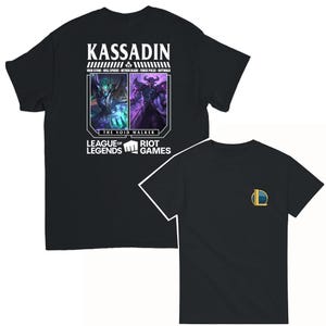 May include: Black t-shirt with a white graphic of the League of Legends character Kassadin. The graphic features Kassadin and his void form with the text "Kassadin", "The Void Walker", "League of Legends", and "Riot Games".