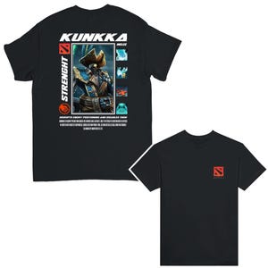 May include: Black t-shirt with a white graphic of a character from the video game Dota 2. The graphic includes the character's name "KUNKKA" and the text "STRENGTH" and "MELEE".