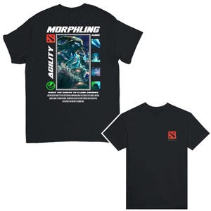 May include: Black t-shirt with a graphic of a blue and green creature with the text "MORPHLING RANGED AGILITY RIDES THE WAVES TO FLANK ENEMIES" and the Dota 2 logo.