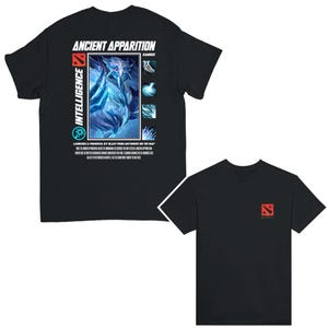 May include: Black t-shirt with a Dota 2 logo and a graphic of the hero Ancient Apparition. The graphic features the hero's abilities and the text "ANCIENT APPARITION RANGED INTELLIGENCE".