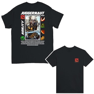 May include: Black t-shirt with a graphic of a character from the video game Dota 2. The character is a Juggernaut, a melee hero with high agility. The text "JUGGERNAUT" and "AGILITY" are printed on the shirt. The Dota 2 logo is also printed on the shirt.