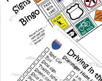 Car Bingo. All Types of Signs and Car Scavenger Hunt.  Instant download. Print Travel Games