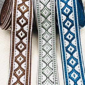 Galon tissé géométrique 5 cm – ruban graphique chocolat, vert sauge ou bleu roi pour couture, customisation et DIY