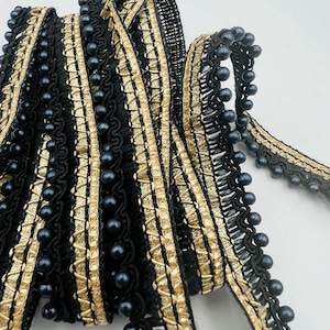 Galon noir et doré à perles 1,5 cm – ruban couture luxe pour customisation et décoration textile