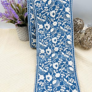 Nastro ricamato blu scuro da 14 cm - Nastro floreale bianco per tende, abiti, alta moda e decorazioni tessili