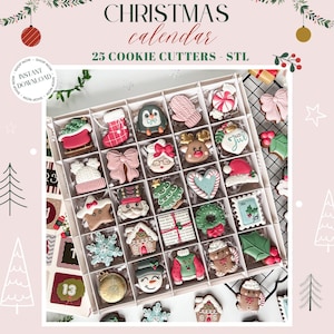 Könnte beinhalten: Ein Adventskalender mit 25 Weihnachtsplätzchenausstechern. Die Kekse sind mit verschiedenen Feiertagsmotiven verziert, darunter ein Strumpf, ein Pinguin, eine Schleife und ein Schneeflocke. Der Text "CHRISTMAS calendar" steht oben.