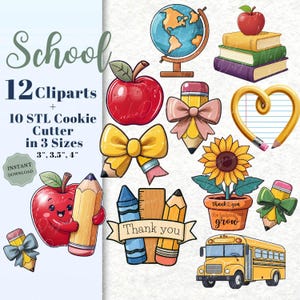 Lot de 12 cliparts JPG scolaires et 10 emporte-pièces STL : pomme, crayon avec noeud, globe terrestre, autobus scolaire, pot de tournesol, merci