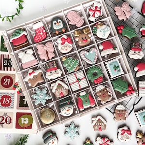 K&ouml;nnte beinhalten: Eine Box mit weihnachtlichen Keksen, die jeweils mit festlichen Designs verziert sind. Die Kekse umfassen Lebkuchenh&auml;user, Schneem&auml;nner, Weihnachtsb&auml;ume und Rentiere in verschiedenen Farben. Ein Adventskalender ist ebenfalls zu sehen.