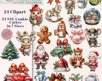Weihnachten Adventskalender Set 24 Cookie Cutter STL + 24 Clipart für Eddie Drucker | Urlaub | Baum | Rentier | Schneemann | Weihnachtsmann | Verzierung