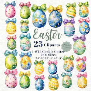 25 Ostereier Clipart & 1 STL Cookie Cutter, Aquarell, Eddie Drucker Kekse, Punkte, Streifen, Blumen, Blumen, Gänseblümchen, Tulpen