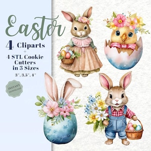 May include: Four digital clipart images of Easter bunnies and a chick in an egg. The bunnies are wearing dresses and a plaid shirt. The chick is wearing a red bow. The images are suitable for use in digital crafts and projects.