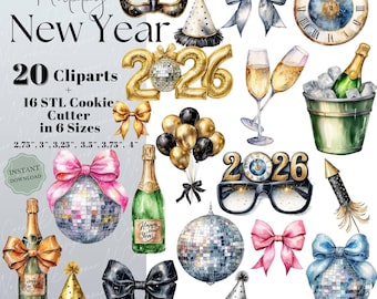 Neues Jahr 2026 – 20 Cliparts + 16 STL-Ausstecher (6 Größen) | Digitaler Download | Bündel | Champagner | Luftballons | Bogen | Eddie Drucker | Disko