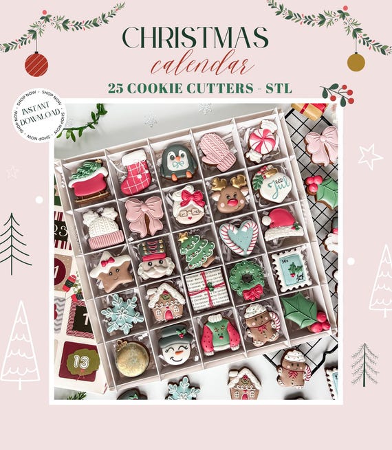 25 Christmas Cookie Cutters STL- Advent Calendar (1.5 ,2, 2.5) Digital Download- 3D Printing | Santa | Bauble | Gifts | Reindeer Bow | Tree