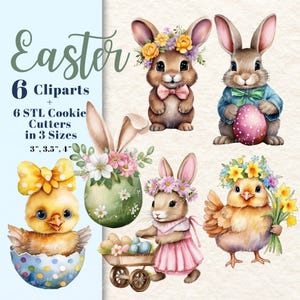 Juego de 6 imágenes prediseñadas de Pascua y 6 cortadores de galletas STL: adorables pollitos, conejitos, cestas de Pascua, huevos decorados, impresora de acuarela eddie