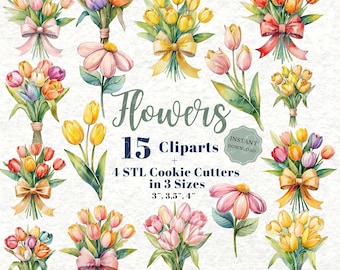 15 Frühlingsblumen Clipart & 4 STL Cookie Cutter Bundle - 15 Tulpen, Gänseblümchen, Ostern, Frautag, Geschenk, Eddie Drucker, Schleife, Aquarell