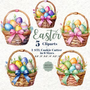 5 Osterkorb Clipart & 1 STL-Ausstechform - Perfekt für Frühlingskreationen Osterei, Schleife, Aquarell, Eddie-Drucker, Kekse