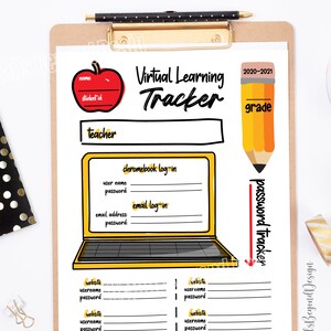 May include: Printable 8.5" x 11" tracker for virtual learning with sections for student information, teacher name, Chromebook and email logins, and website passwords. The tracker is designed with a yellow and red color scheme and includes a pencil and apple graphic.