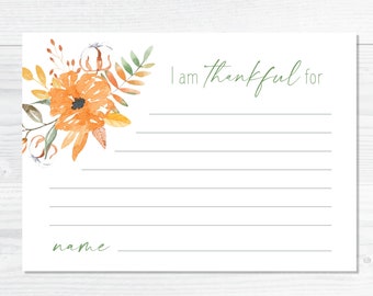 Puede incluir: Cartas imprimibles "Estoy agradecido por" con un diseño floral de acuarela en tonos naranja, amarillo y verde. Las tarjetas miden 3,5 pulgadas por 5 pulgadas y 5 pulgadas por 7 pulgadas.