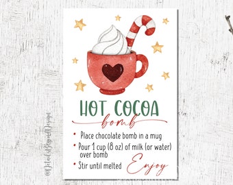 Hot Cocoa Bomb Printable Tags - Digital file - Hot Cocoa bomb instuctions card - mug with candy cane - Hot Chocolate - 2x3" PDF JPEG