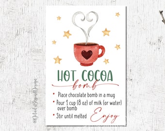 Hot Cocoa Bomb Printable Tags - Digital file - Hot Cocoa bomb instuctions card - mug with heart - Hot Chocolate - 2x3" PDF JPEG