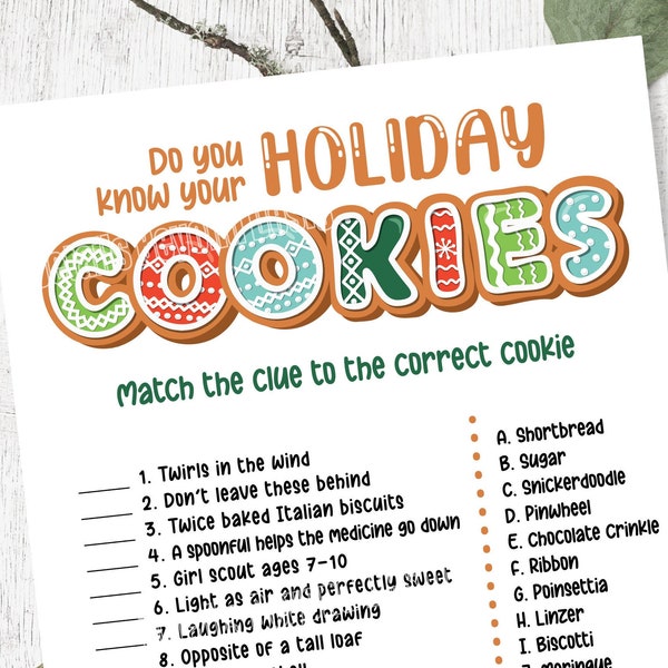 Do you know your Holiday Cookies - Cookie Quiz Printable Game cards for Parties, class parties, family dinner night - Digital File 8"x10"