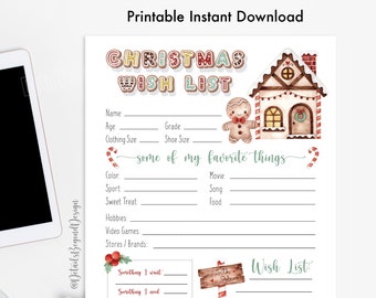 Lista de deseos navideños - Algunas de mis cosas favoritas - Cuestionario de Gingerbread House - Encuesta 8.5&quot;x11&quot; Imprimible - PDF jpeg - DESCARGA INSTANTÁNEA
