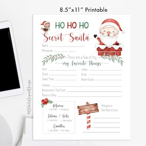 Secret Santa These are a few of my Favorite Things - questionnaire - Survey 8"x10" Printable - PDF jpeg - INSTANT DOWNLOAD