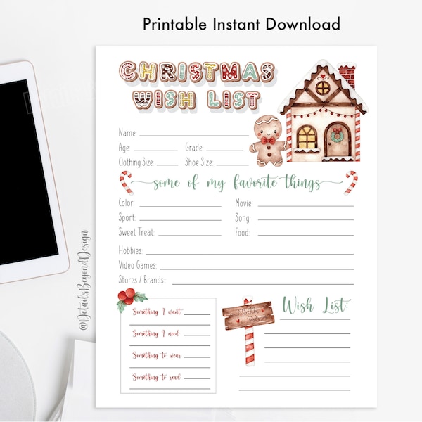 Christmas Wish List - Some of my Favorite Things - Gingerbread House questionnaire - Survey 8.5"x11" Printable - PDF jpeg - INSTANT DOWNLOAD