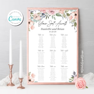 May include: A printable wedding seating chart with a floral design in shades of pink, blue, and green. The chart is titled "Your Seat Awaits Danielle and Brian" and includes a list of tables and guest names.