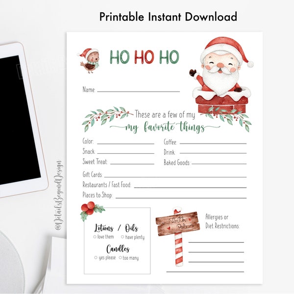 Santa Theme - These are a few of my Favorite Things - questionnaire wish list -Survey 8.5"x11" Printable - PDF jpeg - INSTANT DOWNLOAD